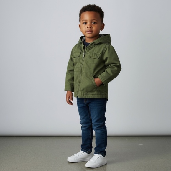 OLD NAVY · UNISEX OLIVE GREEN HOODED CANVAS UTILITY JACKET FOR BABY - SIZE 6-12M - Picture 2 of 9